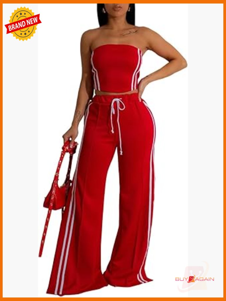 Strapless Striped Crop Top & Wide Leg Pants Set Casual 2 Piece Outfit